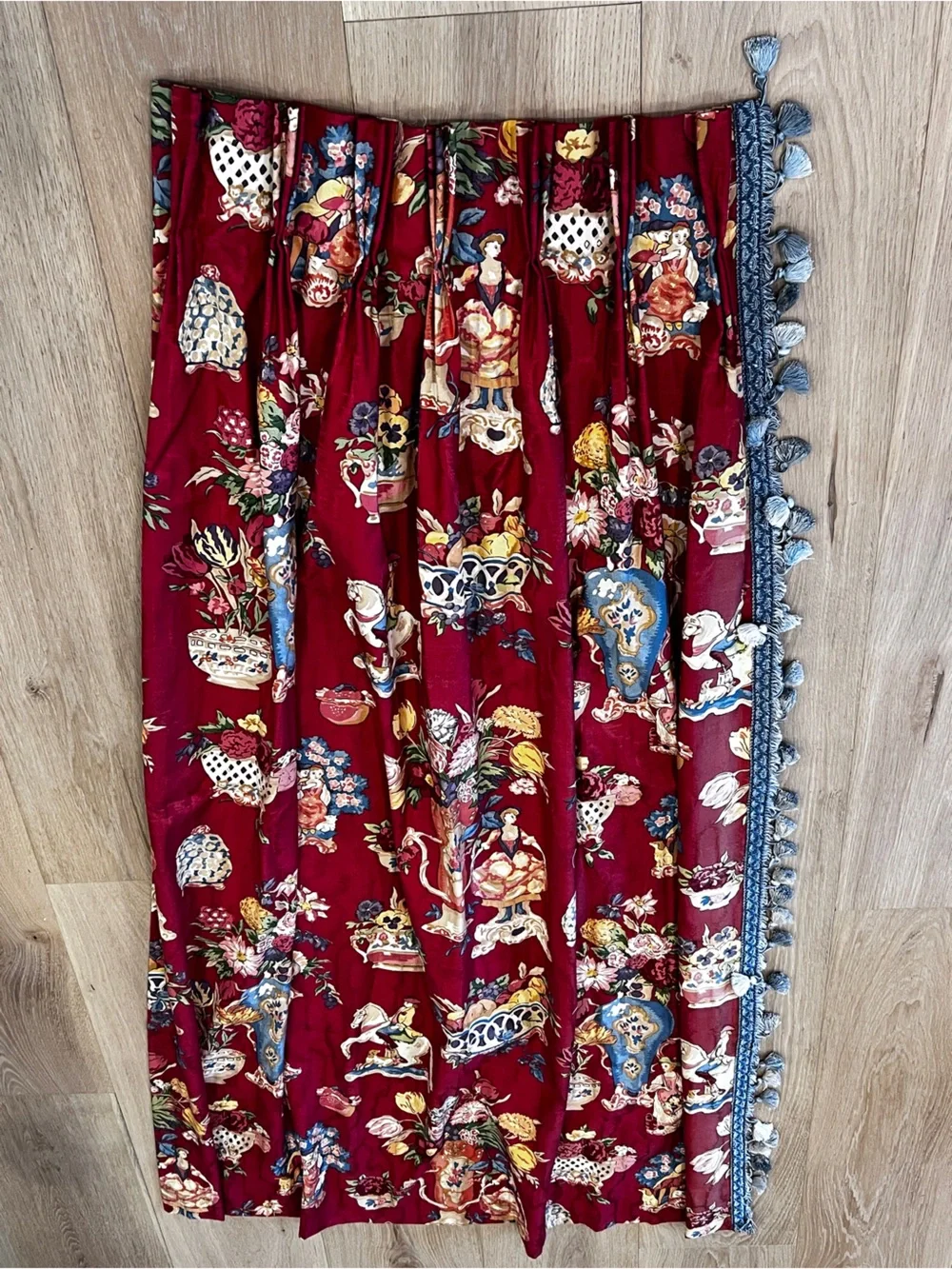 Set of 4 Custom Chinoiserie Lined Drapery Panels Burgundy Tassel Trim 21x62”